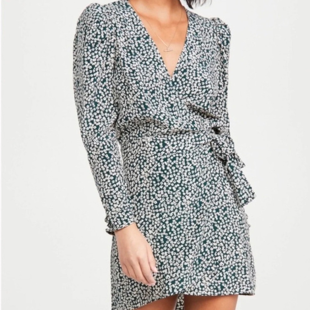 Free People NWT Green Pine Needle Combo Floral Kinsley Wrap Mini Dress